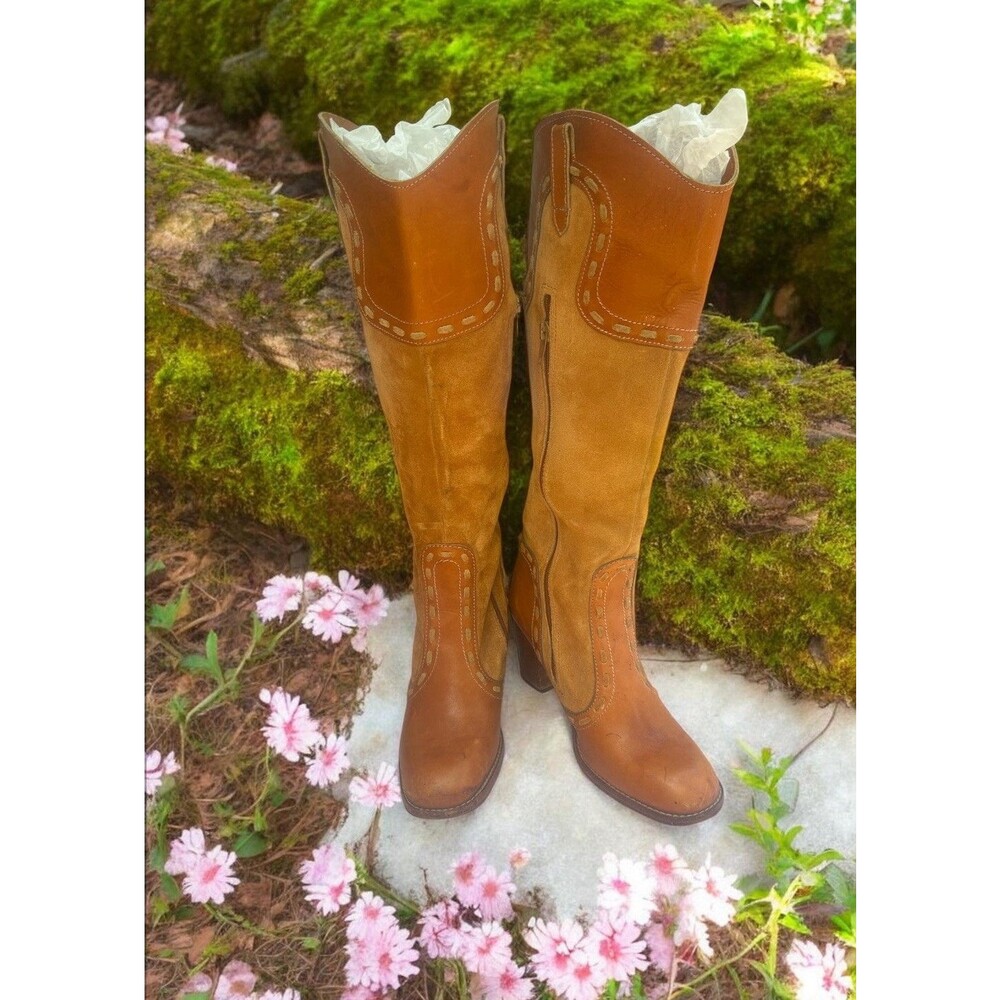 Vintage 1970s Knee High Boots Suede Leather Patchwork Argentina Whipstitch 9B